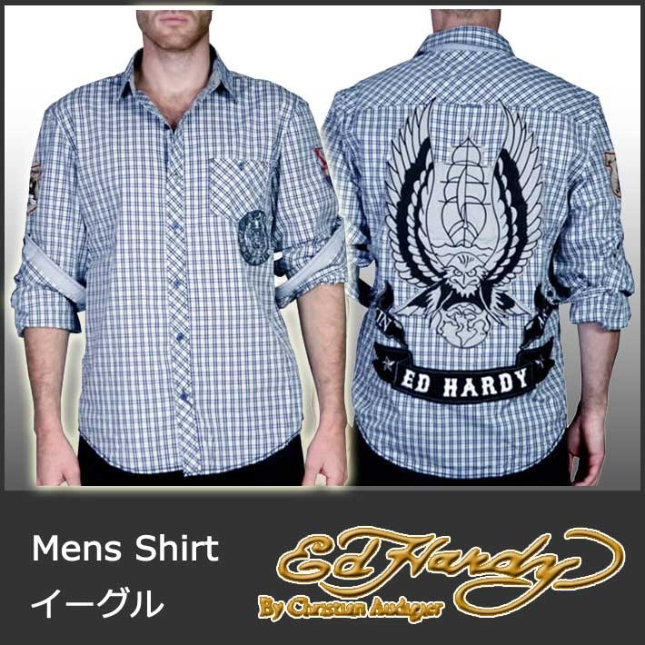 Ed Hardy（エド・ハーディー） シャツ メンズ 長袖 鷹&帆船/ブルー 青 