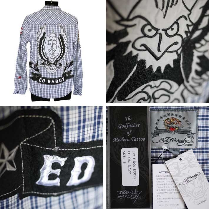 Ed Hardy（エド・ハーディー） シャツ メンズ 長袖 鷹&帆船/ブルー 青 