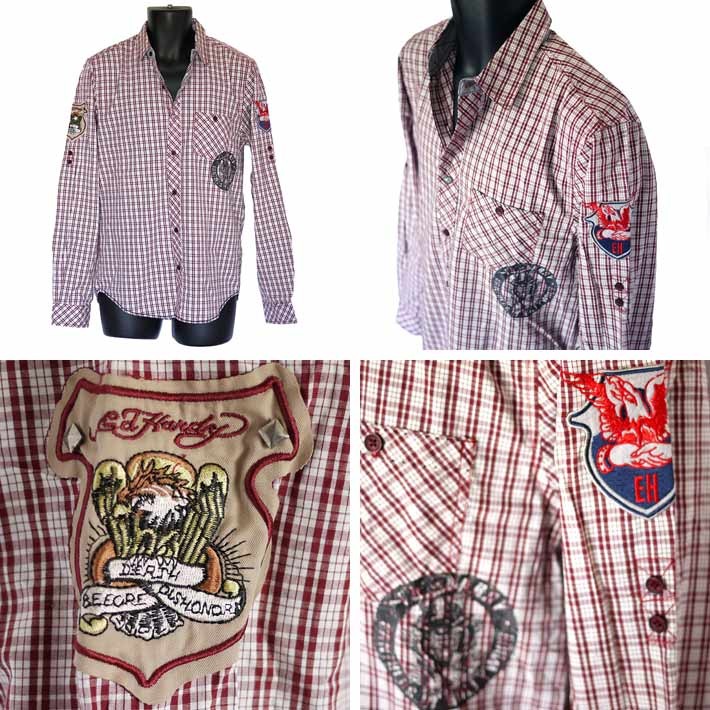 Ed Hardy エドハーディー シャツ メンズ 長袖 鷹&帆船/赤