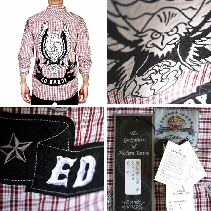 エドハーディー Ed Hardy エドハーディー シャツ メンズ 長袖 鷹&帆船/赤