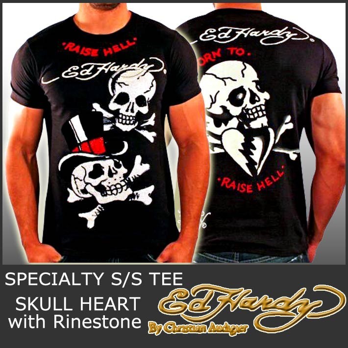 ★ラインストーン装飾★【Ed Hardy】Tシャツ ブラック コットン 激レア】エドハーディー ラインストーン USA製 プリント Tシャツ