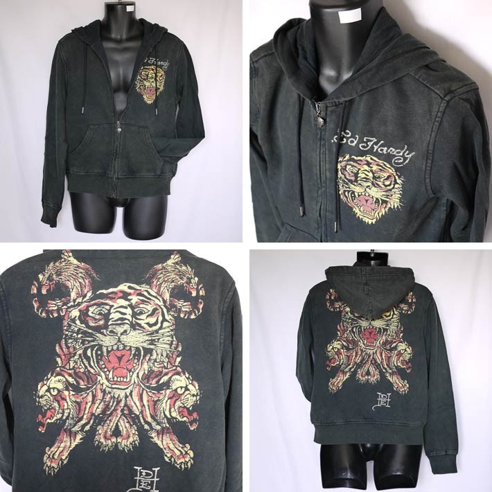 Ed Hardy（エド・ハーディー） パーカー メンズ 虎鷹コラージュ/黒