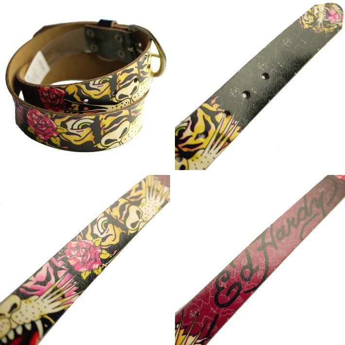 Ed Hardy エドハーディー ベルト レディース 本革 虎&薔薇/黒