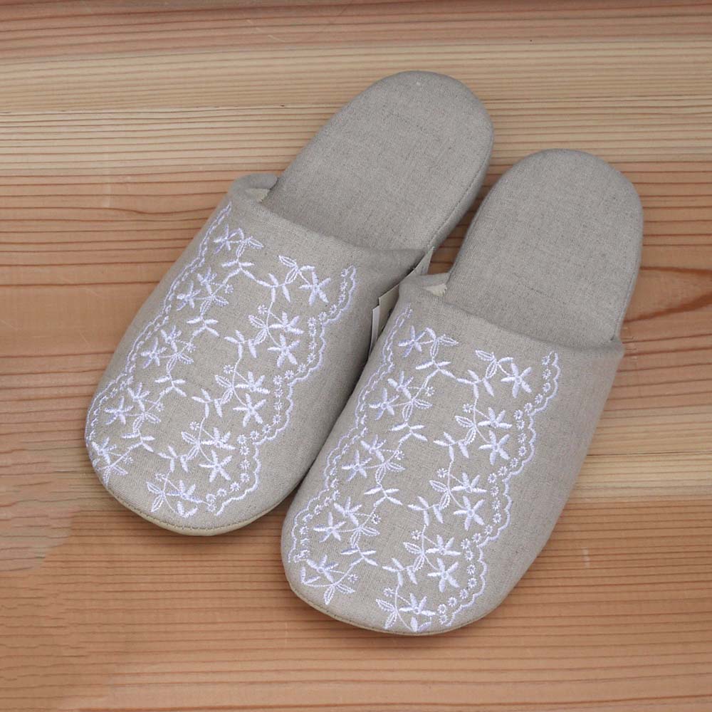 リネン刺繍 スリッパ バブーシュ 選べる2タイプ ai 麻100% 綿100