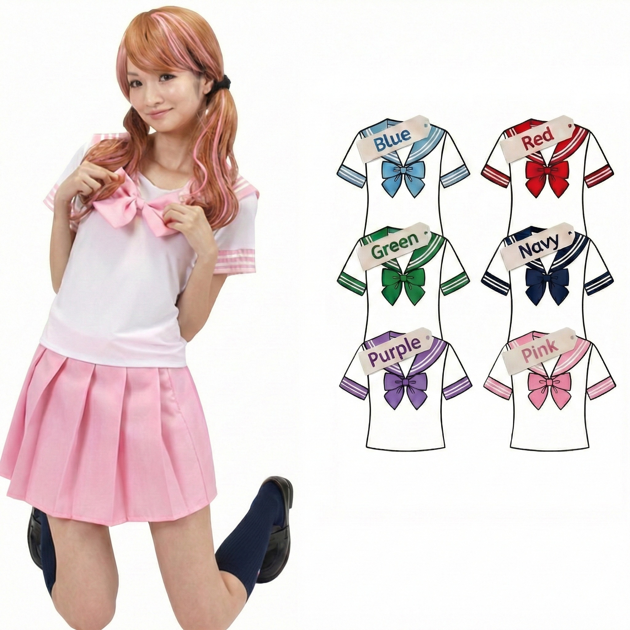 新品 セーラー風 JK 制服 コスプレ 超光沢 ミニ丈 スケスケ ピンク XL 即日発送！】【ハロウィン】ピンクJK/女子高生/セーラー服コスプレ