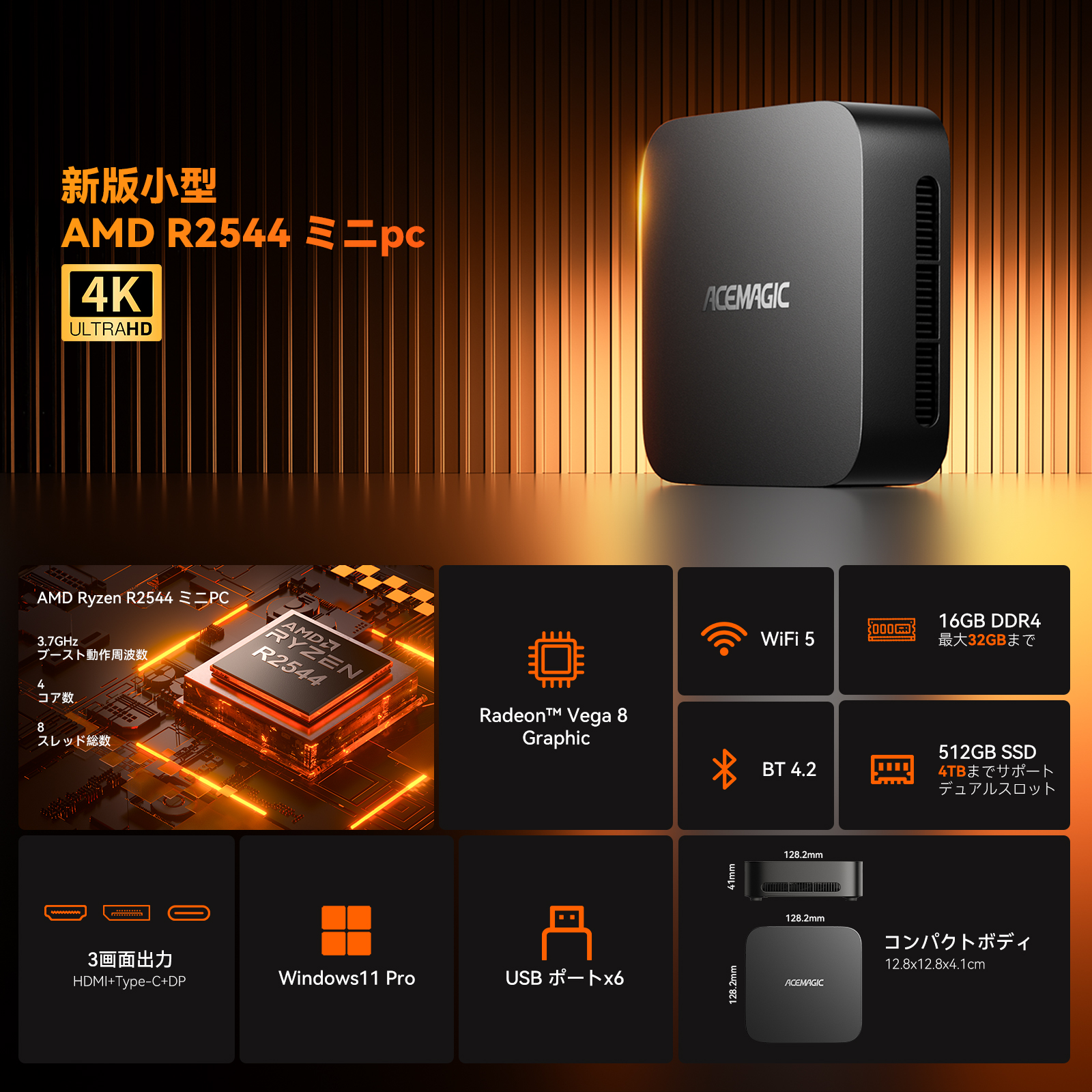 新品 AMD Ryzen Embedded R2544 ミニpc 最大3.7GHz 4C8T 16GB DDR4 512GB M.2 SSD mini pc 高速WiFi5 BT4.2 Win11PRO 4K 新版小型ゲーミングpc (K1-R2544-16512) 関連画像1