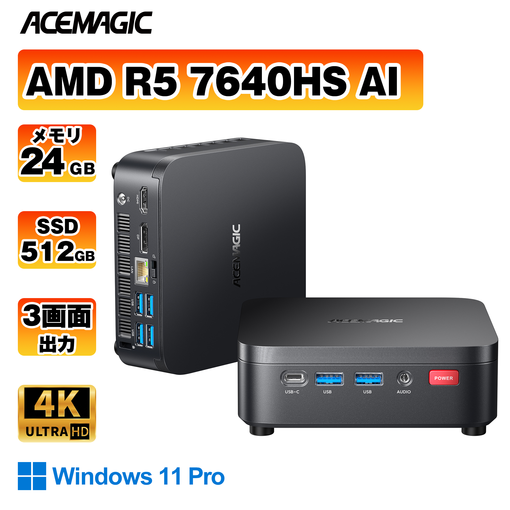 ミニpc AI PC AMD Ryzen5 7640HS 最大5.0GHz 24GB LPDDR5 512GB SSD