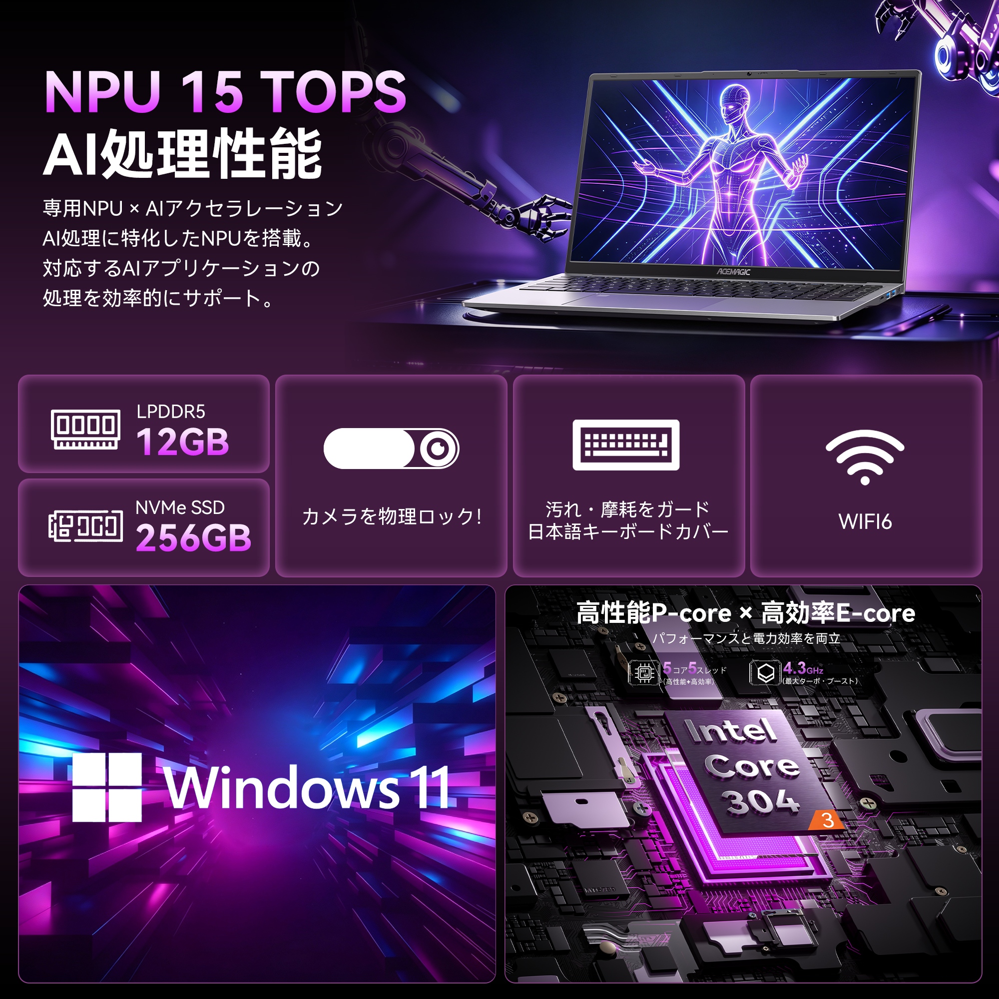 【2026衝撃新品入荷】ACEMAGIC ノートパソコン Intel core 304AI 12GB+256GB Windows11Pro搭載 15.6インチIPS液晶 フルHD WiFi-6 BT5.0(LX15PRO-304-12256) 関連画像2