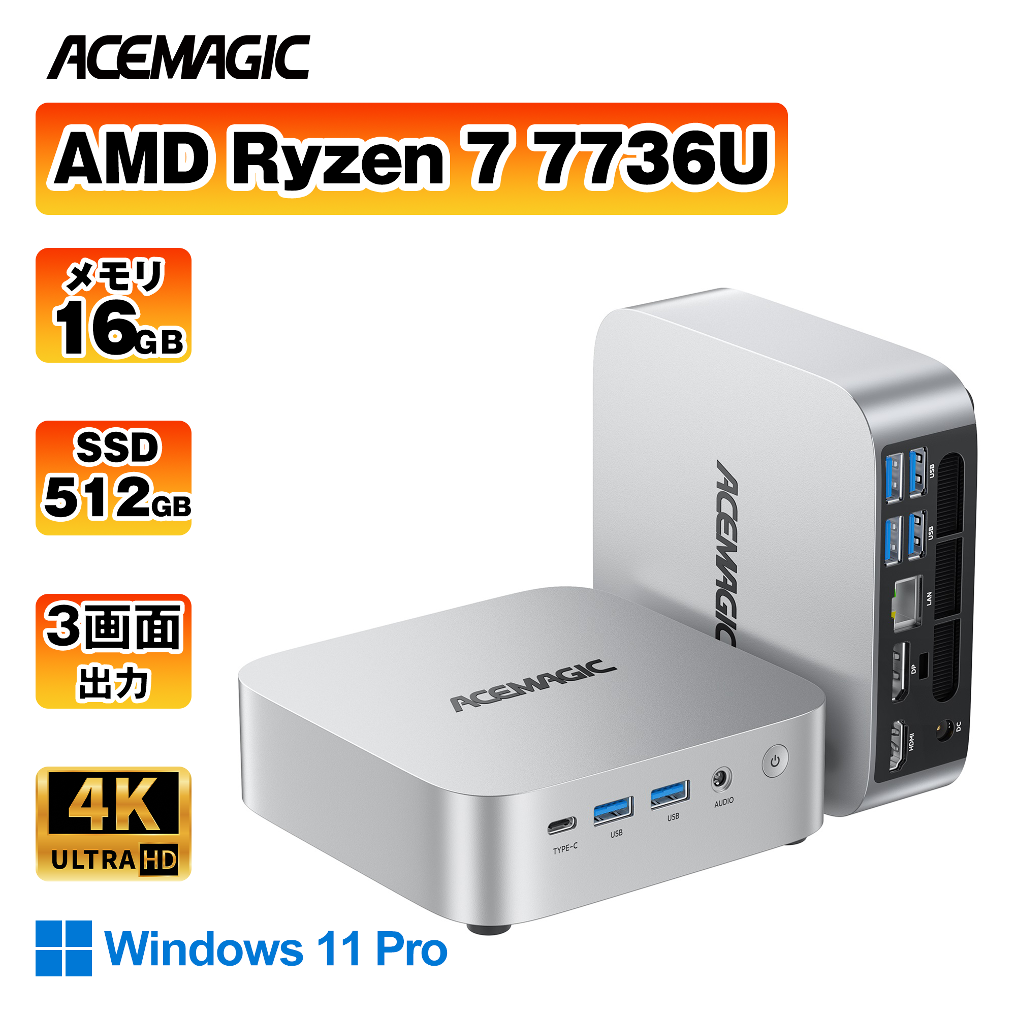 ミニPC AMD Ryzen7 7736HS搭載【6800Hより速い】8C/16T Max4.7GHz mini