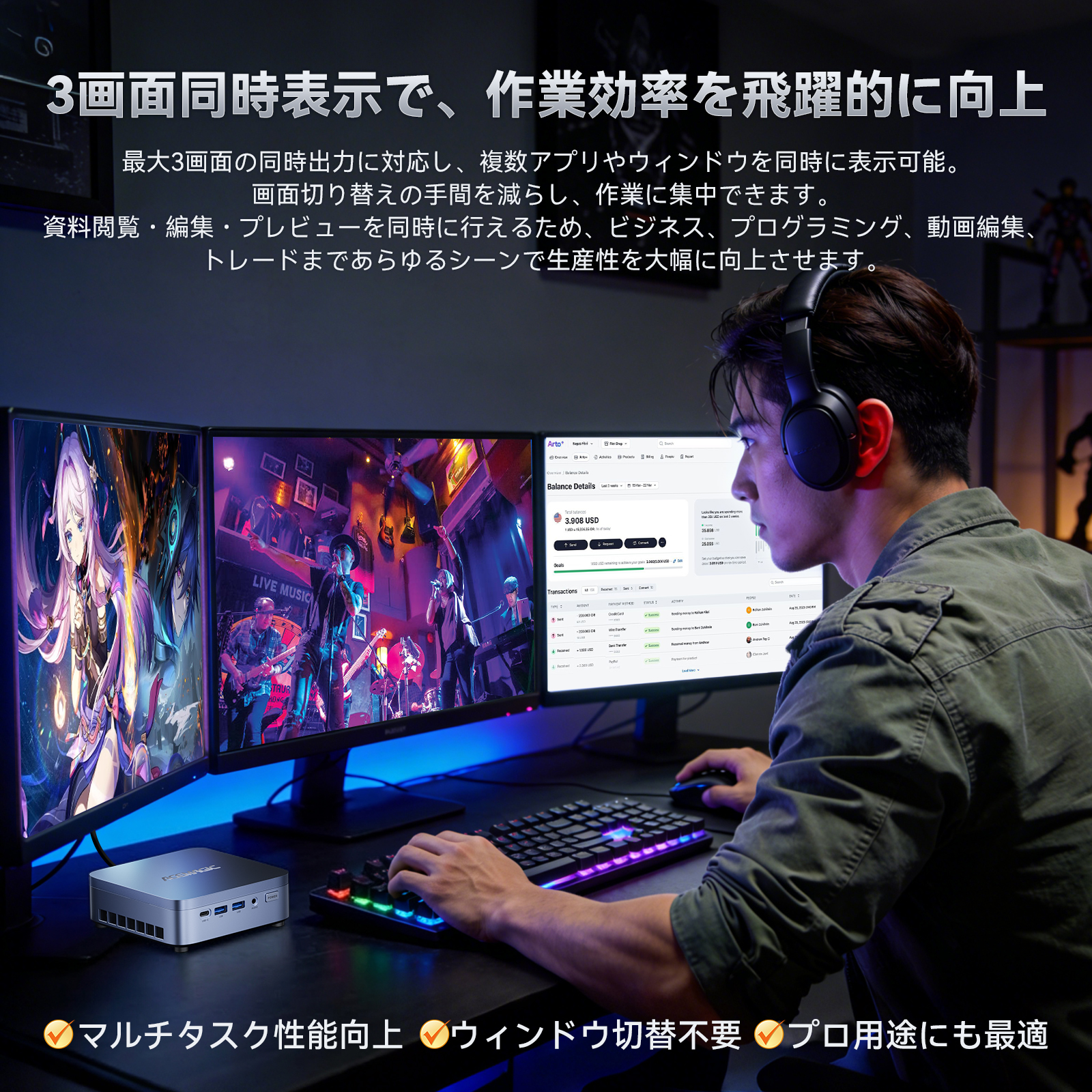 ミニPC 第14世代 Core i5-14500HX(14C/20T)★32GB+1TB★豊富なI/O WiFi6/BT5.2 3画面出力対応 ミニpcインテル Win11 Pro搭載 小型PC (M5-i5-14500HX) 関連画像5