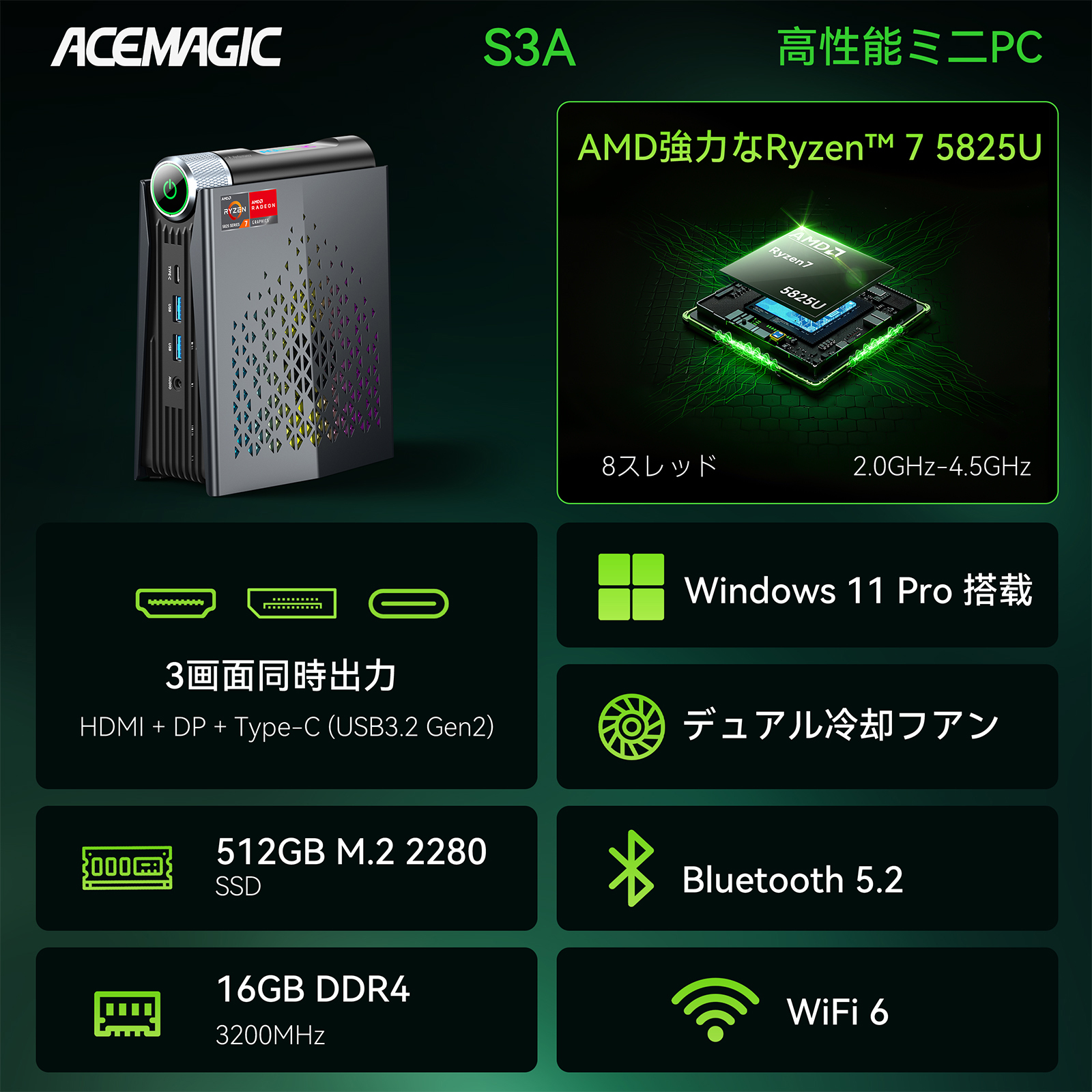 ACEMAGIC ミニPC 高性能 AMD Ryzen7 5825 16GB DDR4 512GB SSD PCIE3.0