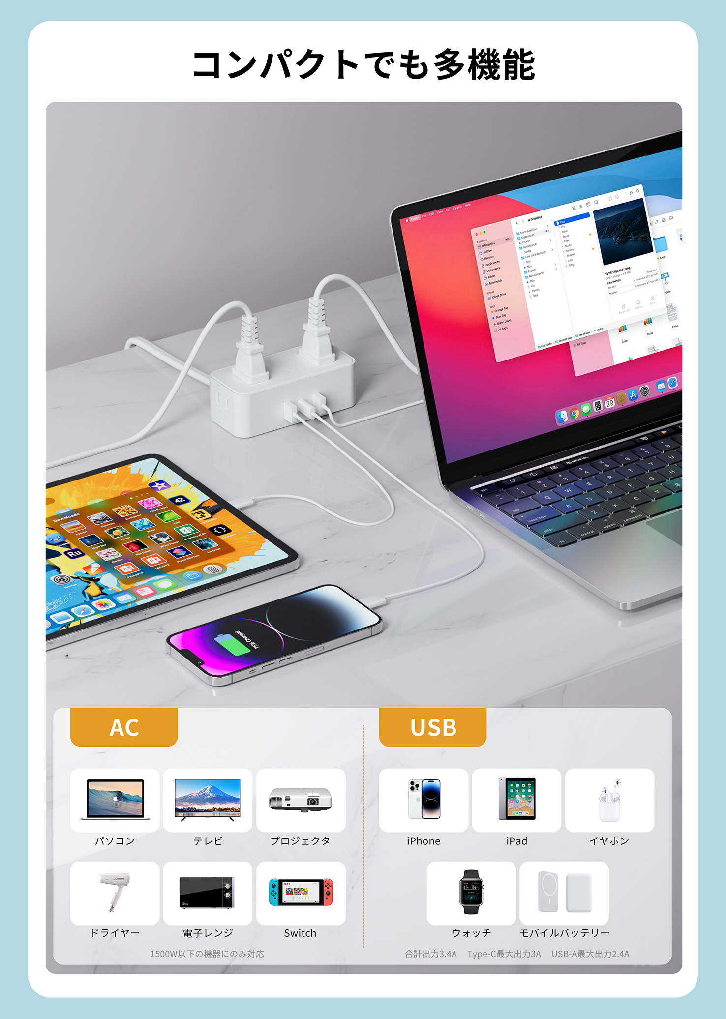 電源タップ 延長コード 2m 4個ac 2usb付き USB 1type-c コンセント スイッチ付き usb-c マルチ 延長ケーブル 急速充電 おしゃれ スイングプラグ 壁掛け 関連画像2