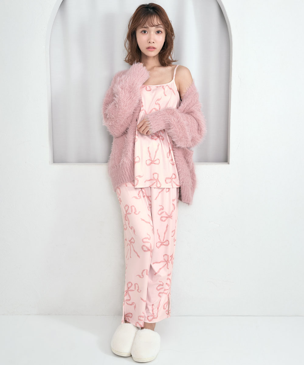 aimerfeel♡リボン柄ルームウェア リボン柄キャミとふわふわカーデ。あざと可愛い！無敵の愛され3点
