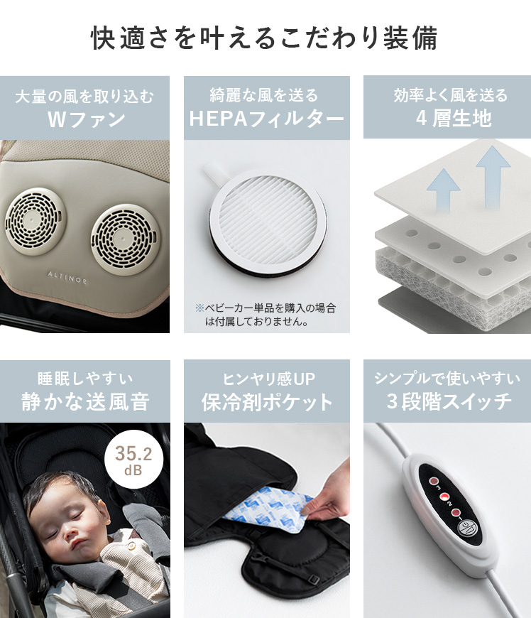 ベビーカーシート ベビーシート ファンシート 扇風機 ファン付き チャイルドシート ALTINOR〔アルティノル〕　Wファン搭載ベビーシート本体・フィルターセット | エア・リゾーム | 03