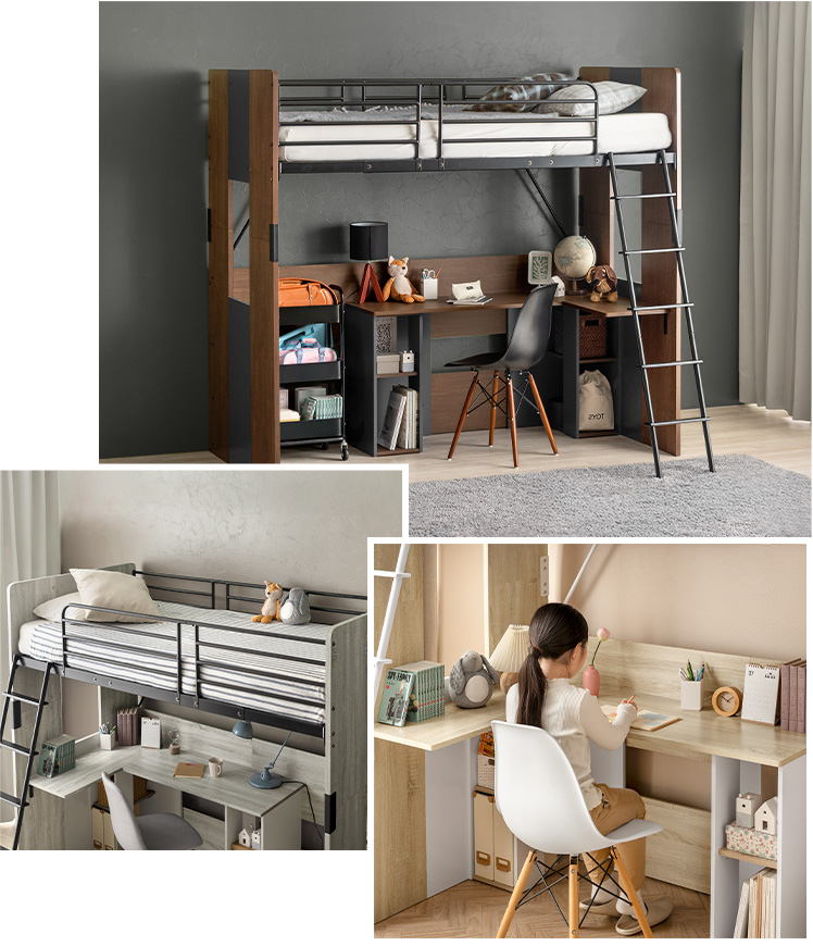 シングルベッド ロフトベッド ベッドデスク一体型 スチールベッド