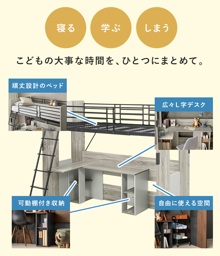 シングルベッド ロフトベッド ベッドデスク一体...の詳細画像3