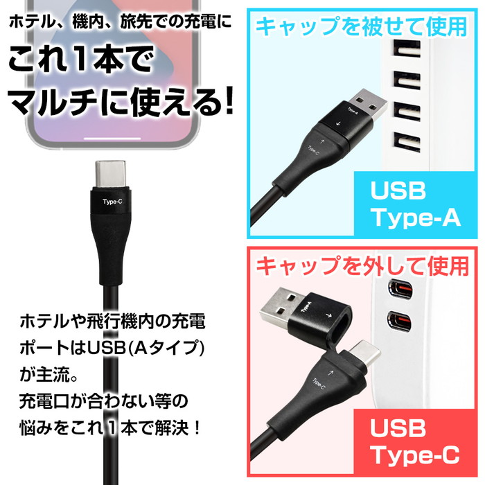 充電器 2in1 ケーブル iPhone 急速 タイプA タイプC 2m Type-A