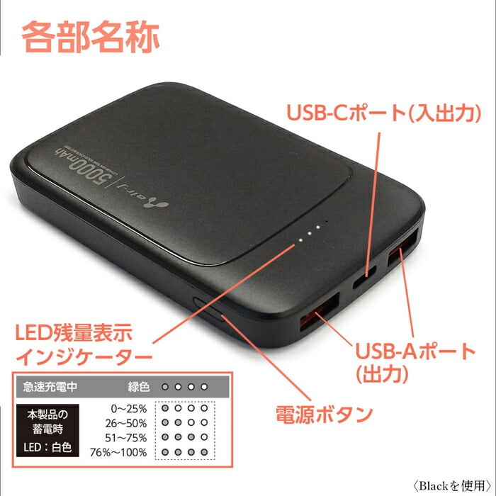 モバイルバッテリー 5000mAh 準固体リチウムイオン電池 長持ち 2000回