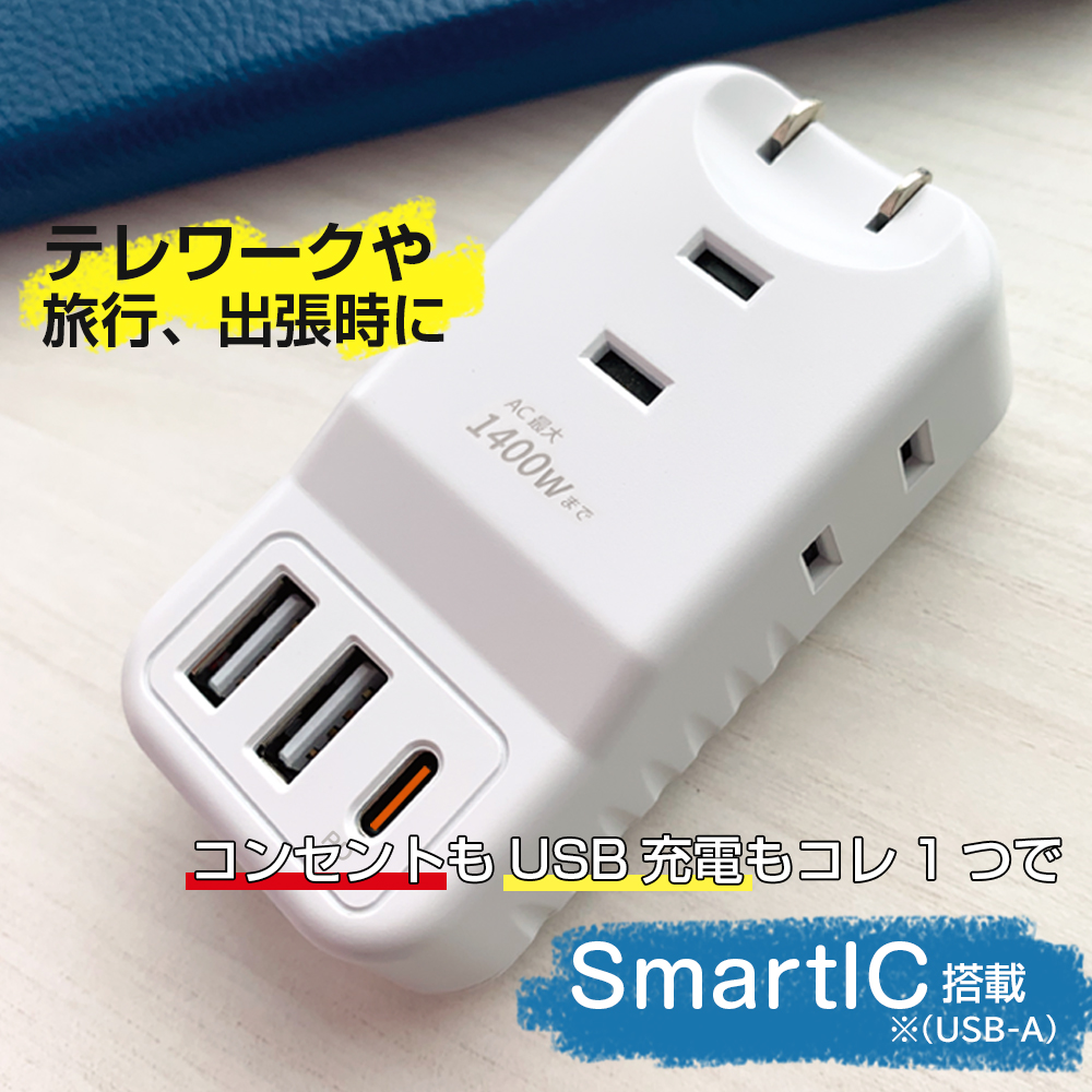 電源タップ USB Type-C 充電器 SmartIC搭載 ACアダプタ USB-Type Aポート ACコンセント USBポート  Type-Cポート PSE認証製品 6ヶ月保証