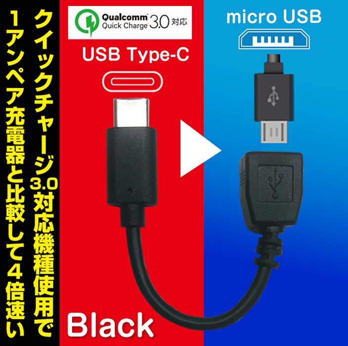 急速充電対応microUSB-Type-C変換ケーブル