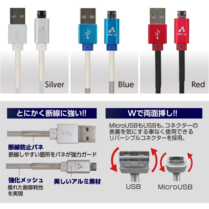 充電ケーブル 1.5m 急速充電 高速充電 microUSB 断線に強い