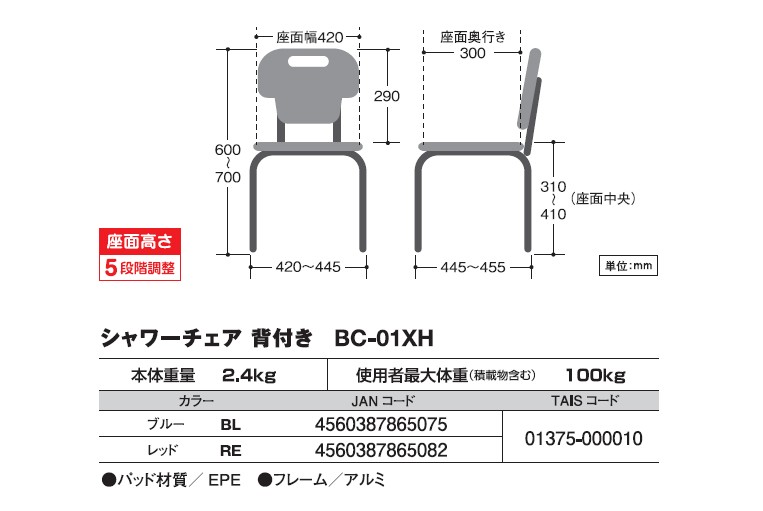 美和商事 シャワーチェア 背付き BC-01XH 介護 入浴 シャワー 浴槽