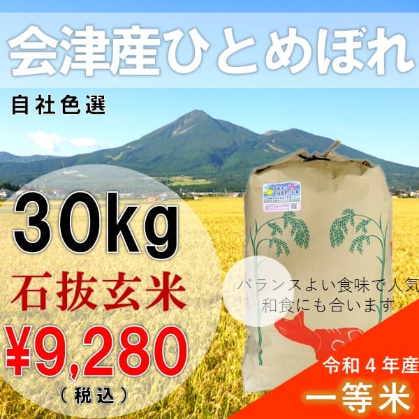 令和4年産 新米 30kg玄米 会津産 ひとめぼれ 一等米 石抜色選（産地直送・送料無料地域あり）福島県産 大容量　業務用