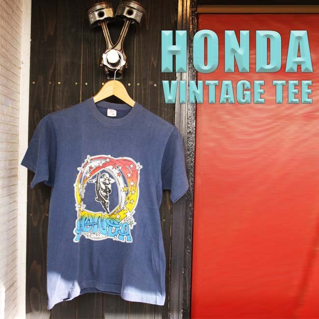 70s 総柄　モーターサイクルTシャツ　ネイビーヴィンテージ ホンダ（HONDA） ajito HONDA Motorcycle TEE VINTAGE ロゴ モトクロス