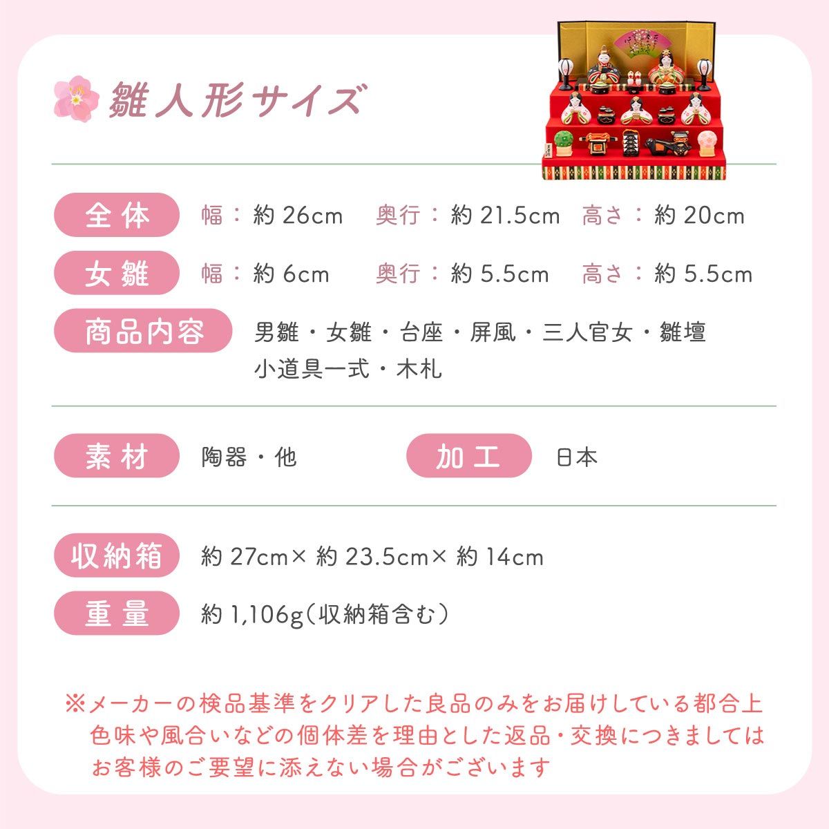 コンパクト!ひな人形 陶器 五段飾り 横幅26cm 華みやび雛 (ピンク コンパクト!ひな人形 陶器 五段飾り 横幅26cm 華みやび雛 (ピンク