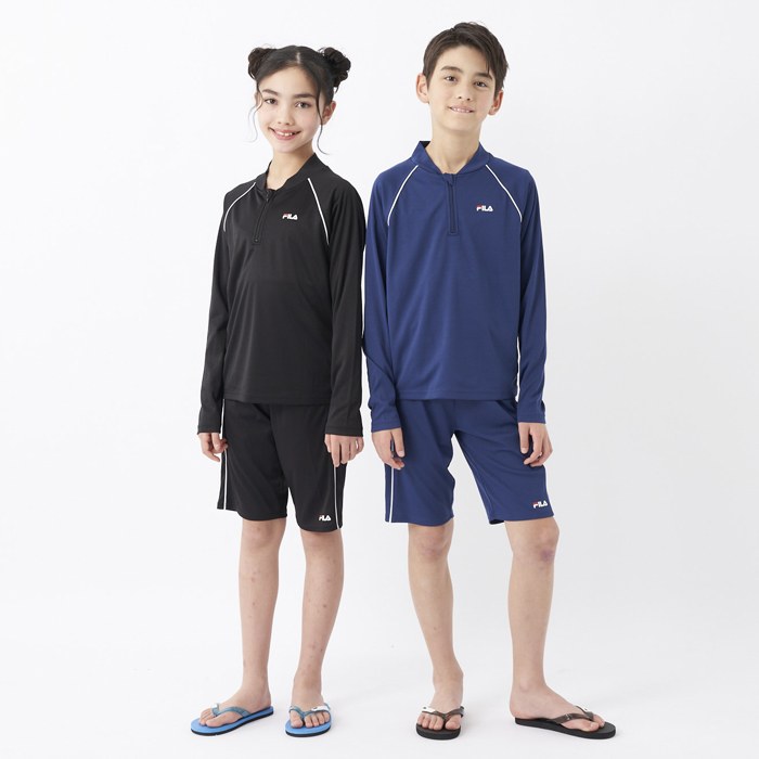 スクール水着 セパレート 女の子 男の子 めくれ防止 ラッシュガード ハーフパンツ 上下セット 男女兼用 FILA ジェンダーレス水着
