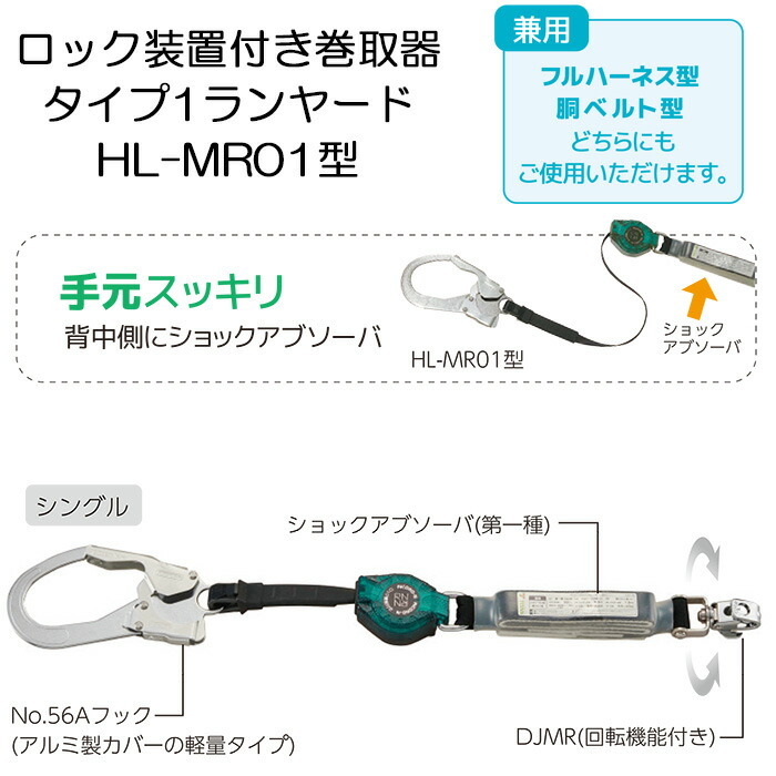 フルハーネス型 胴ベルト型 兼用 ランヤード RICORO-N小型軽量巻取器 HL-MR01-130 ロック装置付き巻取器 タイプ1ランヤード  130kgまで TITAN/タイタン サンコー