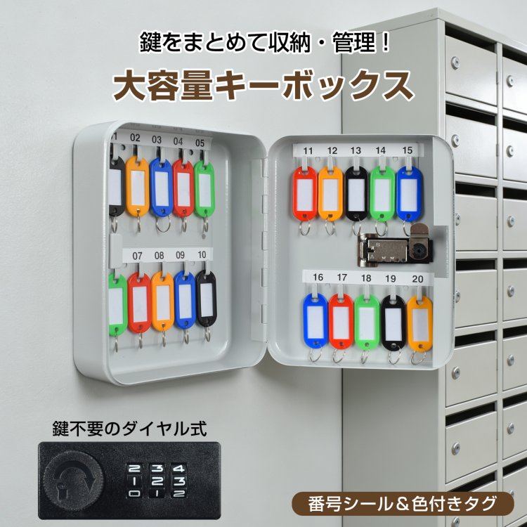 キーボックス 壁掛け ダイヤル 20本 タグ付き 鍵 ボックス 鍵ボックス