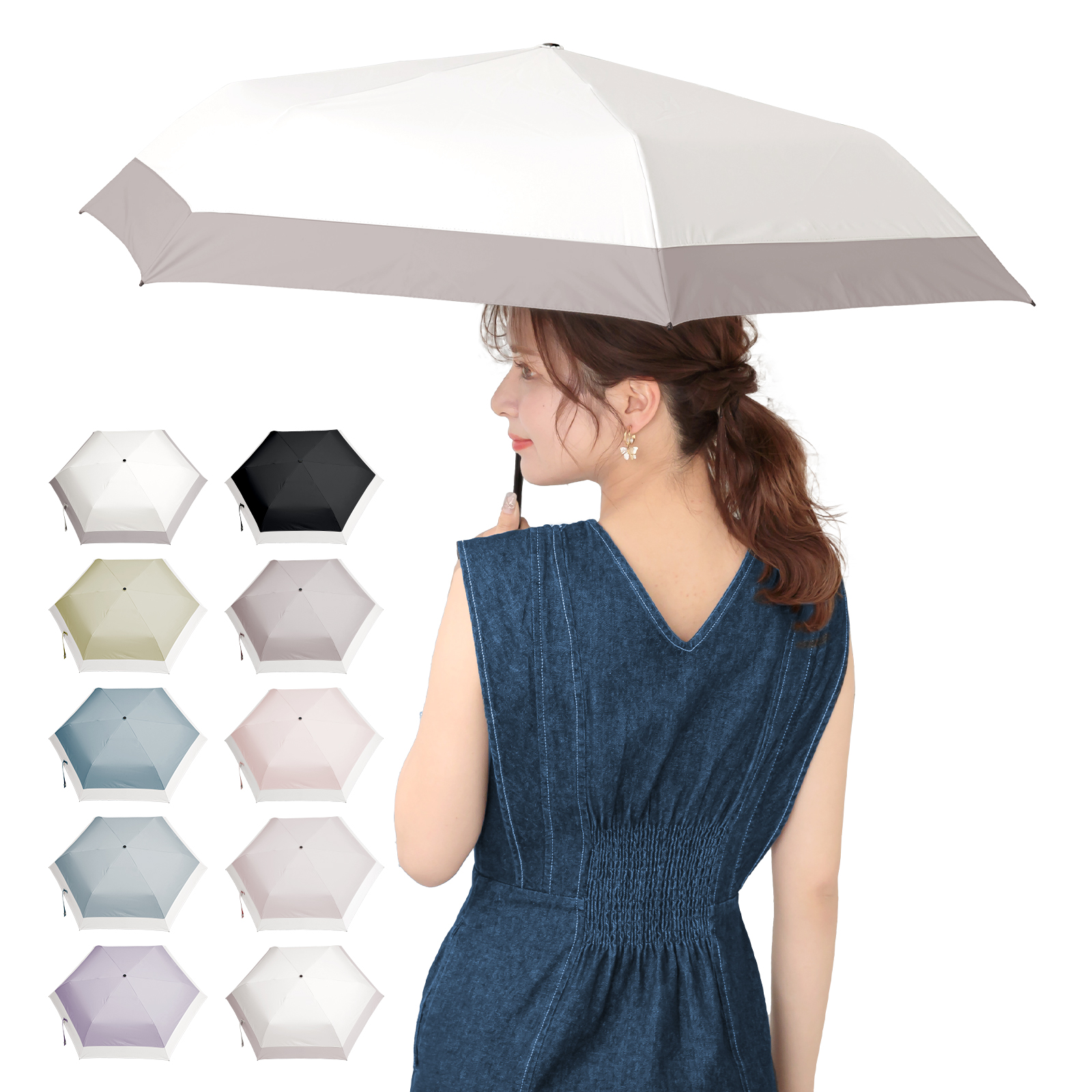 ★新品★サンドレス　晴雨兼用　日傘　楽折　１級遮光　クリスタルビジュー　グレー 晴雨兼用折りたたみ日傘】グレイシー (Gracy) Tender bicolor