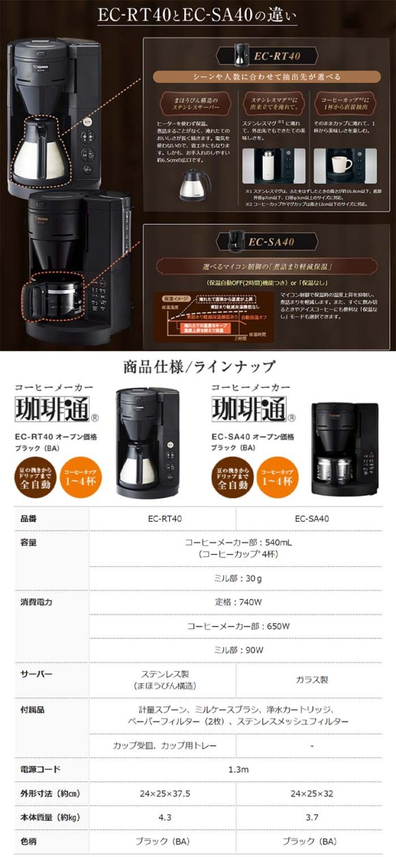 ZOJIRUSHI コーヒーメーカー EC-RT40 コーヒーメーカー 珈琲通 全自動タイプ ミルつき 4杯 品番：EC