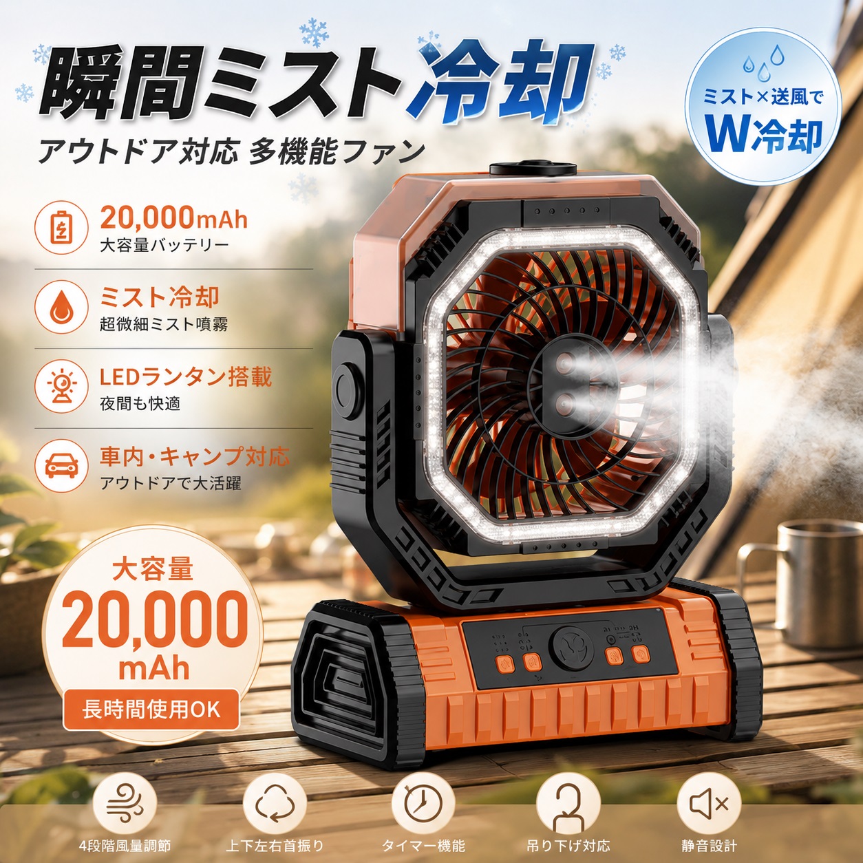 ミストファン キャンプ 扇風機 噴霧 22000mAh大容量 アウトドア 自動首