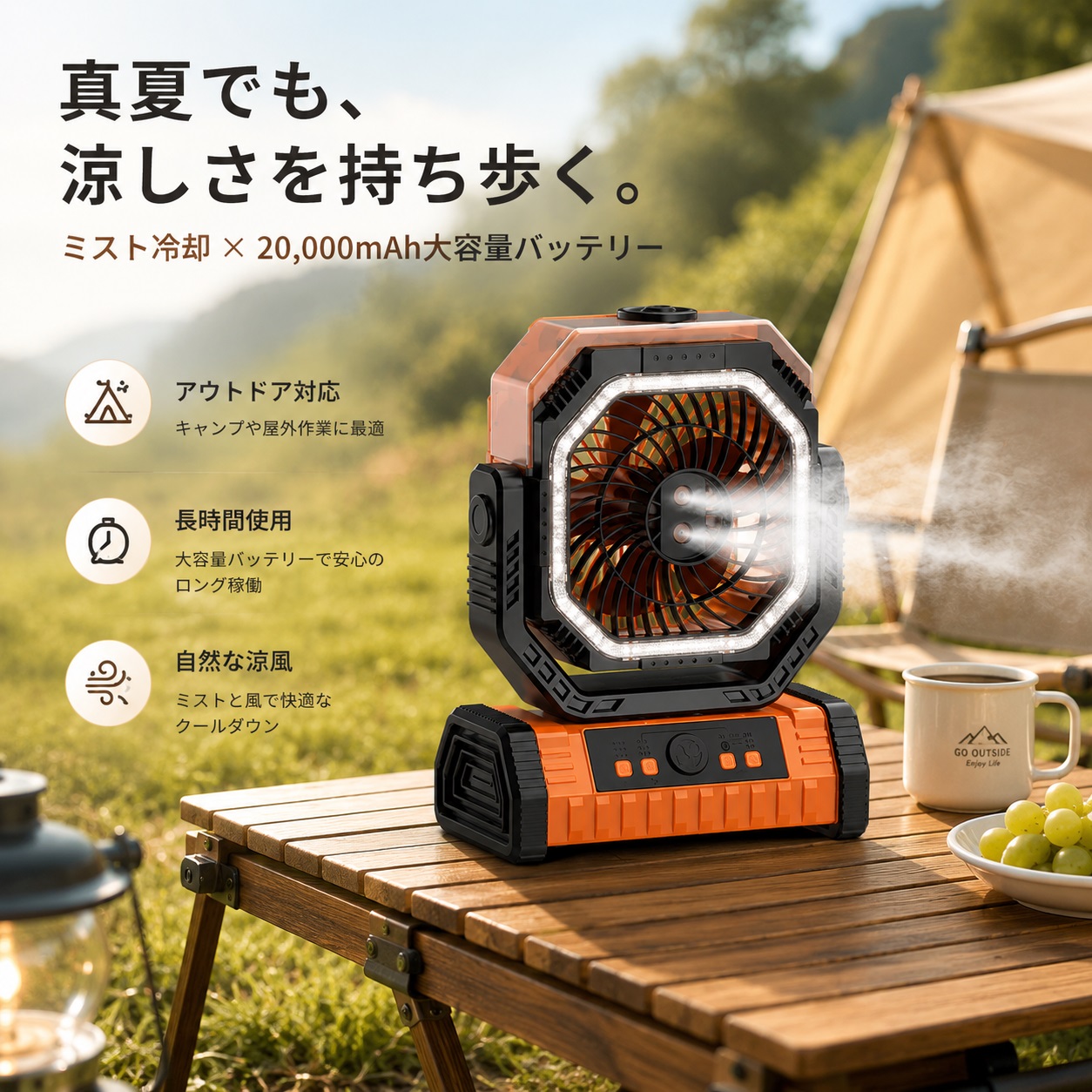 ミストファン キャンプ 扇風機 アウトドア 充電式 強力送風 ミスト噴霧機能 ミストファン キャンプ 扇風機 噴霧 22000mAh大容量 アウトドア 自動首