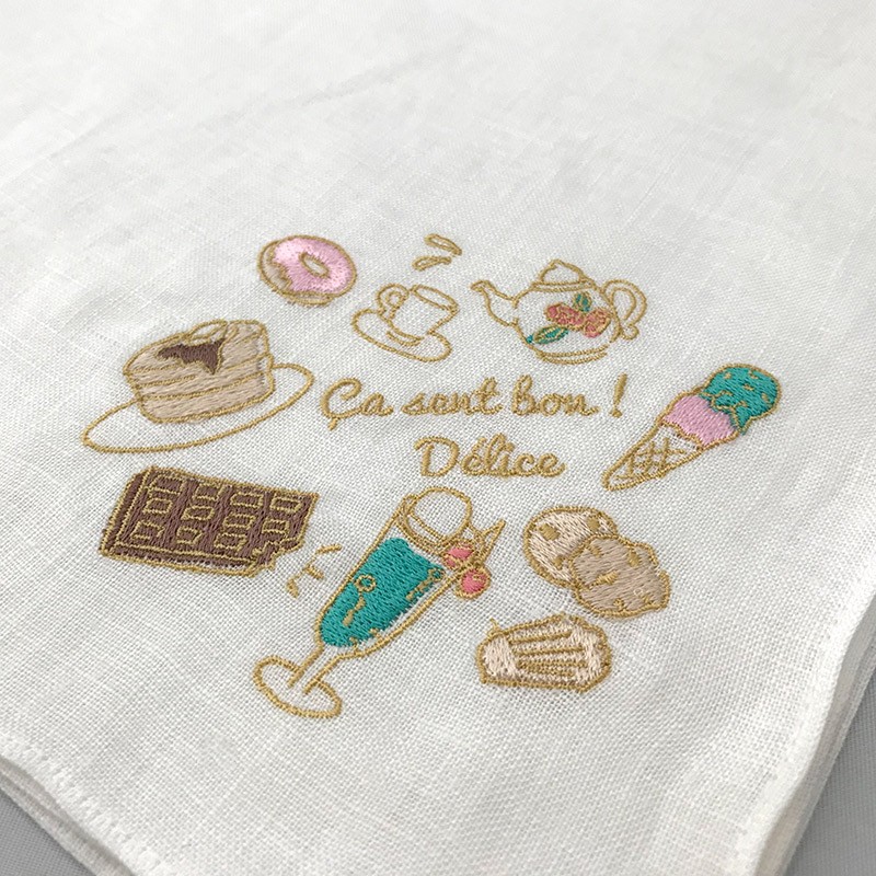 プレゼント 女性 実用的 ハンカチ リネン 刺繍 コスメスイーツシリーズ