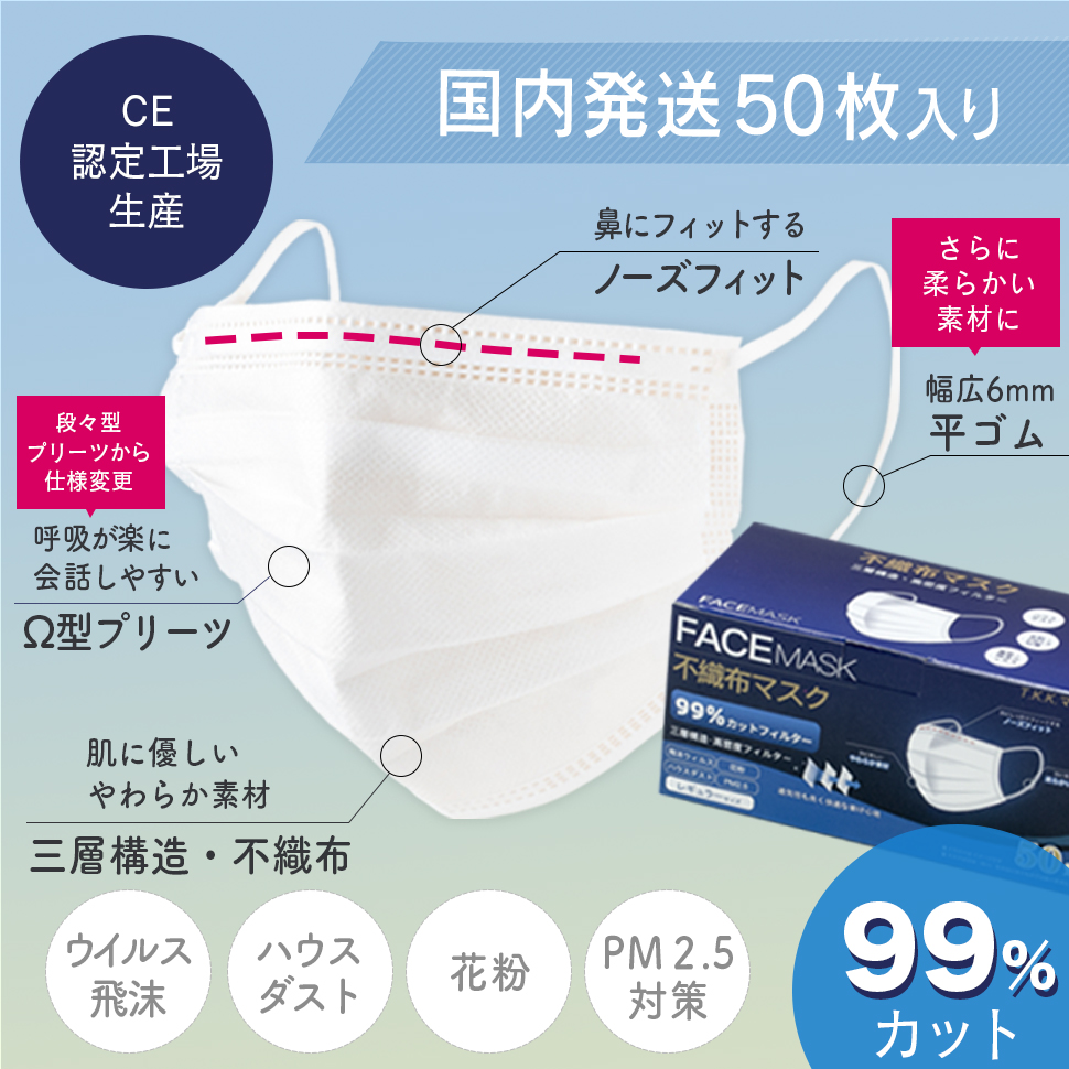 不織布マスク 50枚セット 6mm平ゴム 使い捨てマスク99％カット