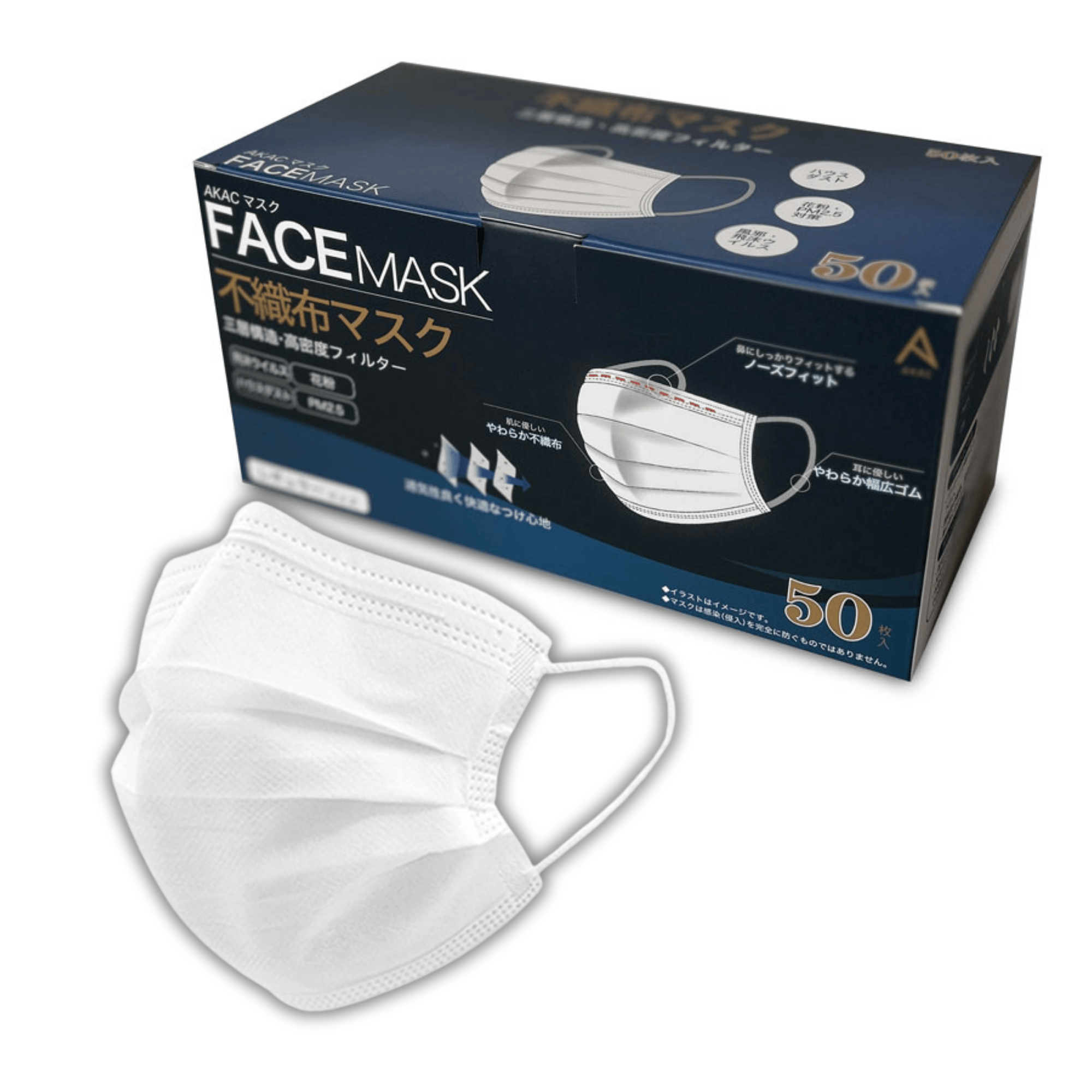 不織布マスク 50枚セット 6mm平ゴム 使い捨てマスク99％カット