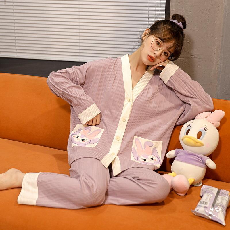 綿 ルームウェア パジャマ レディース 前開き 襟なし 長袖 長ズボン 春
