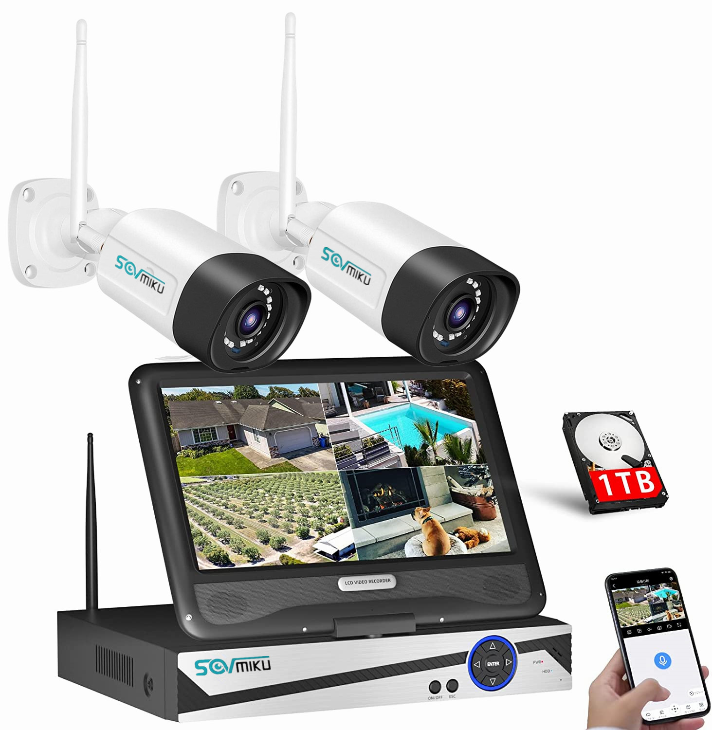 防犯カメラ、監視カメラ2台＆HDDセット。スマホ確認可。AZ-1080420