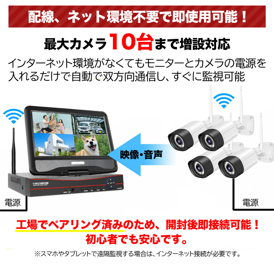 防犯カメラ 屋外 セット 家庭用 ワイヤレス wifi カメラ4台 モニター