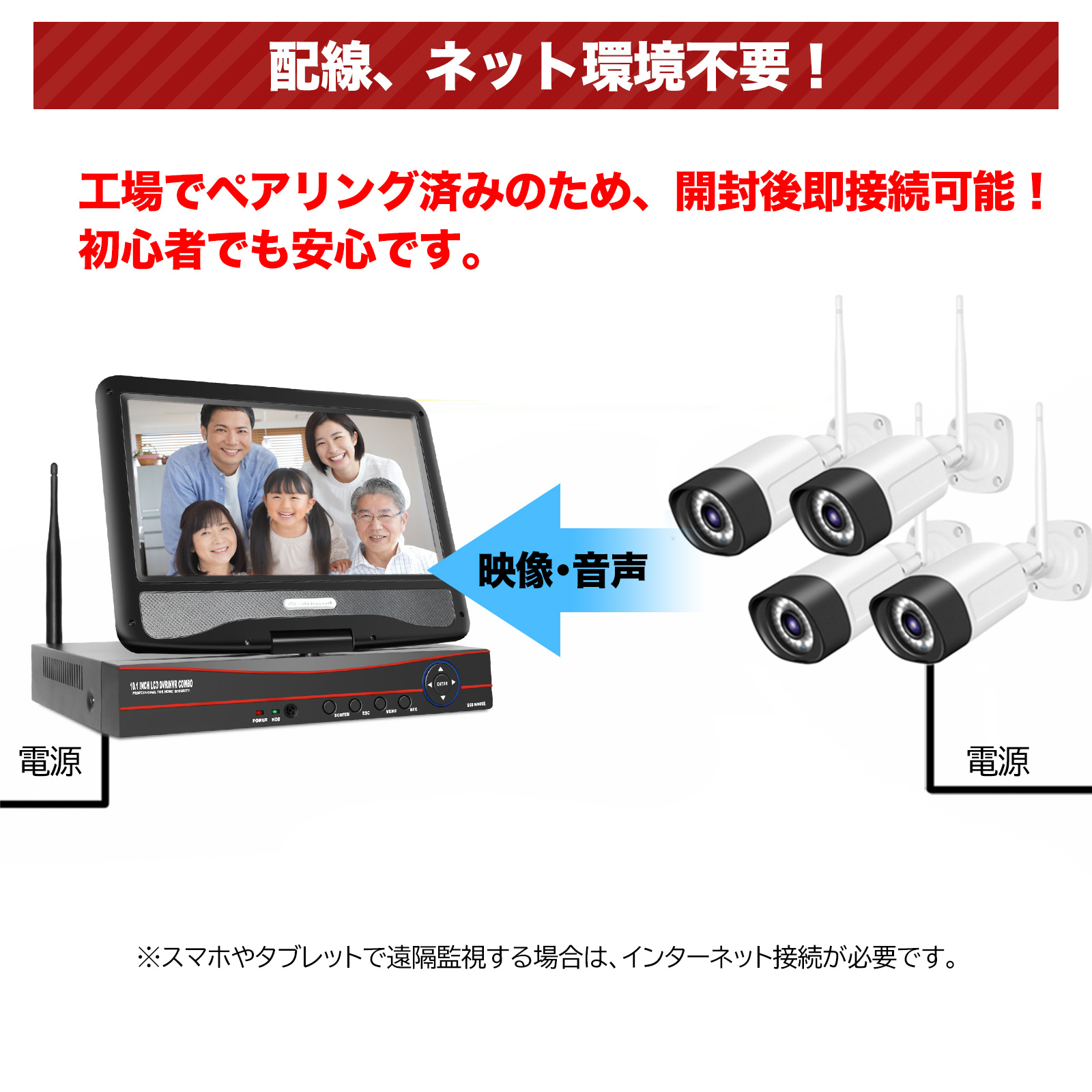 防犯カメラ 屋外 セット 家庭用 ワイヤレス wifi カメラ4台 モニター