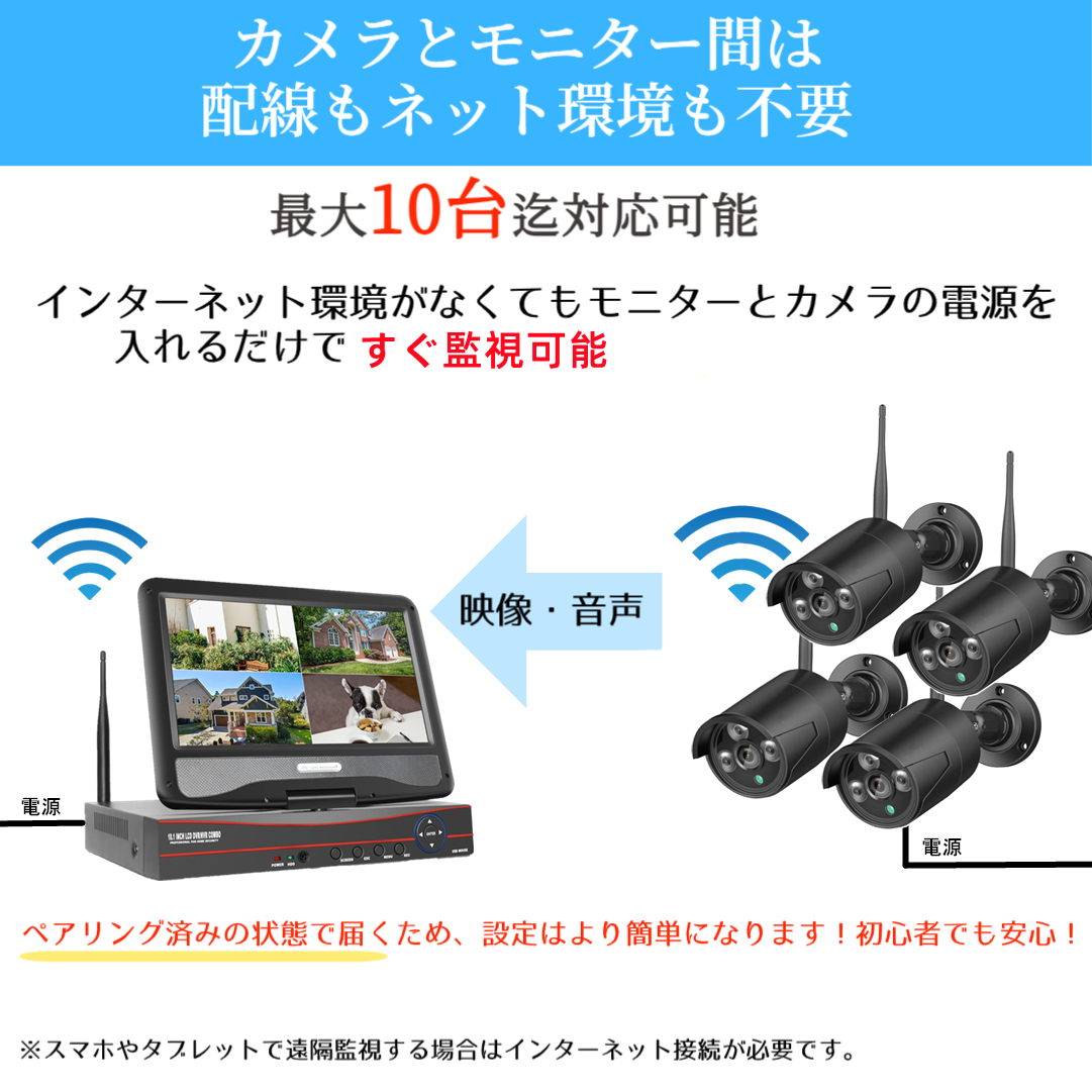 防犯カメラ 屋外 セット 家庭用 ワイヤレス wifi モニター付き カメラ2台 500万画素 10.1インチ 監視カメラ 工事不要 ネット不要 無線  赤外線 スマホ遠隔監視