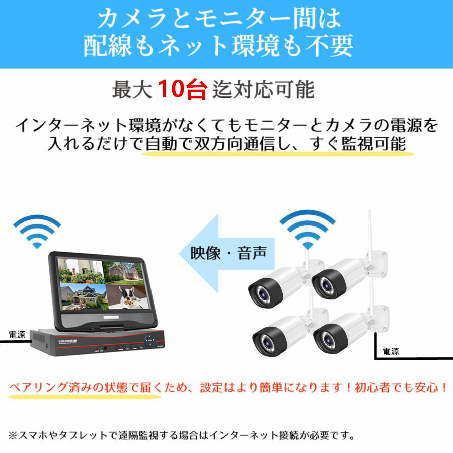 防犯カメラ 屋外 セット 家庭用 ワイヤレス wifi カメラ4台 モニター