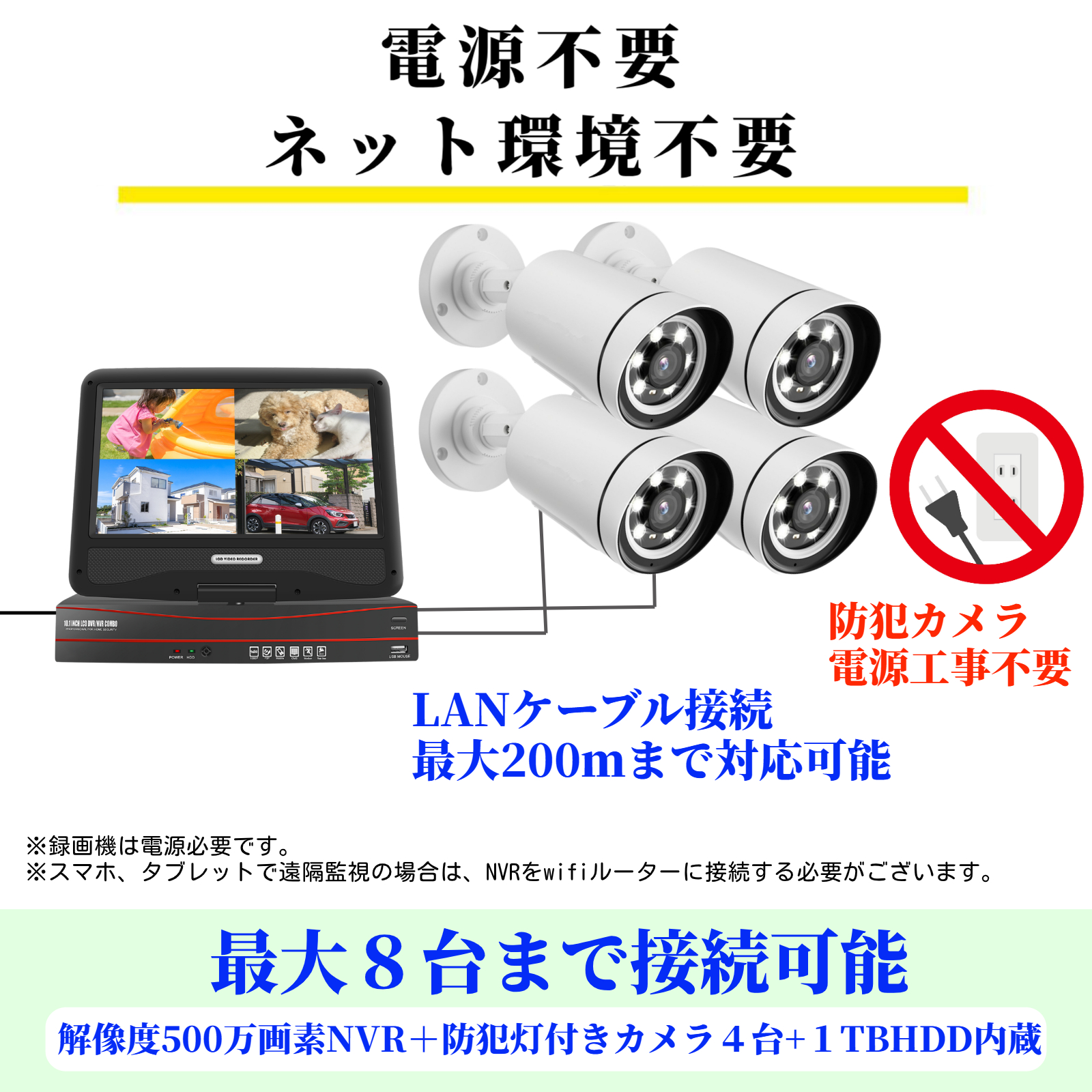 防犯カメラ 家庭用 屋外 poe セット AI検知 500万画素 カメラ4台 poe給電 監視カメラ 電源不要 LED防犯灯付き モニター付き HDD 付き ネット環境不要 : 05046 : アキバガジェット - 通販 - Yahoo!ショッピング