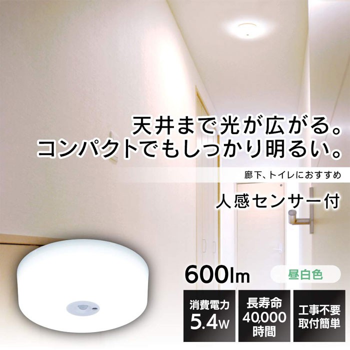 アイリスオーヤマ SCL6NMS-MCHL LED小型シーリングライト メタルサーキット 600lm 昼白色 人感センサー付
