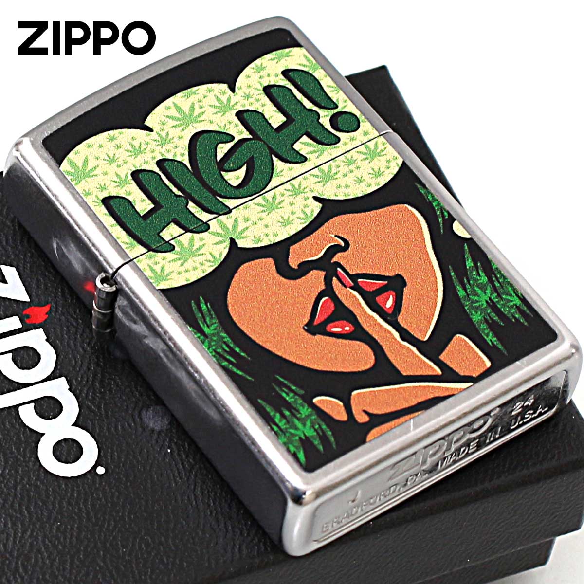 Zippo �W�b�|���C�^�[ �}���t�@�i Marijuana Leaf HIGH �A�����J���H Processing in USA Z207-119761 ���[���֐�p���i