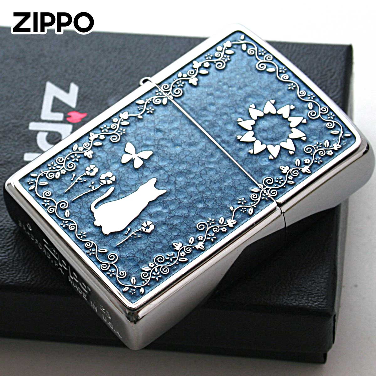 Soppo Cat ZIPPO(ジッポー) ジッポライター ネコ 猫 Cat ブルー #200 メタルプレート 両面加工 ニッケルメッキ 2MPP-Cat BL ...