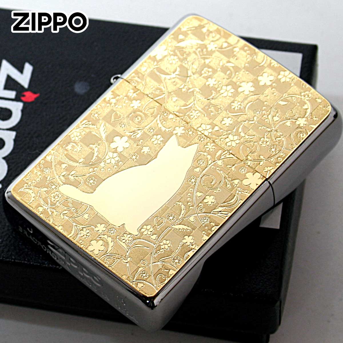 ZIPPO（ジッポー） ジッポライター ネコ 猫 Cat 花 ゴールドプレート 